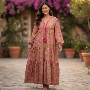 Sur La Vague SLV Iris Tiered Caftan Cotton Block Print Hazel Pink Floral Pockets